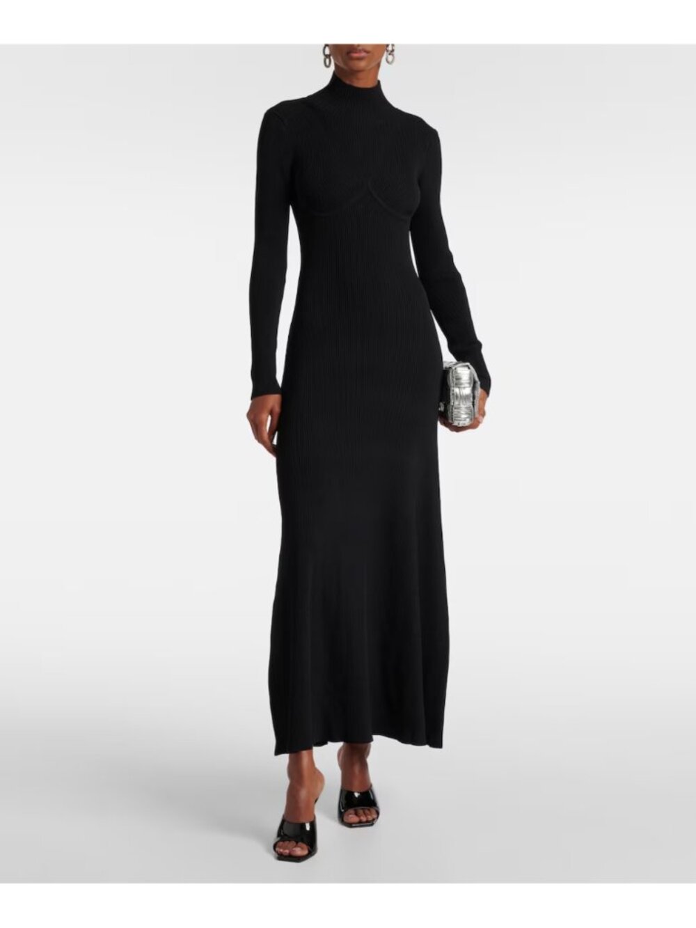 STAUD Obsidian Open Back Ribbed Knit Turtleneck Maxi Dress Black S